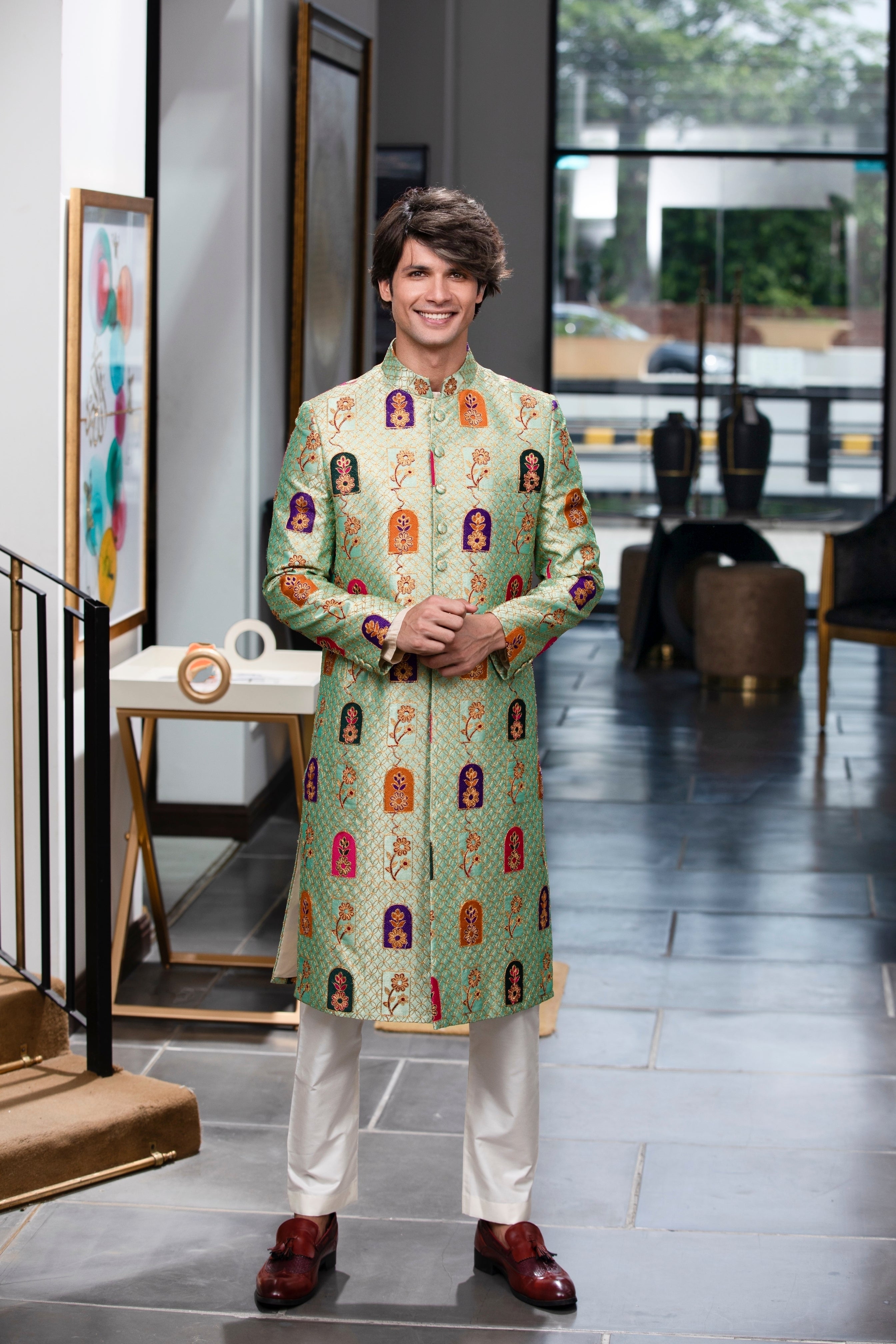 Mint Green Brocade Sherwani with Multicolour Motifs (2-Piece) - Image 4