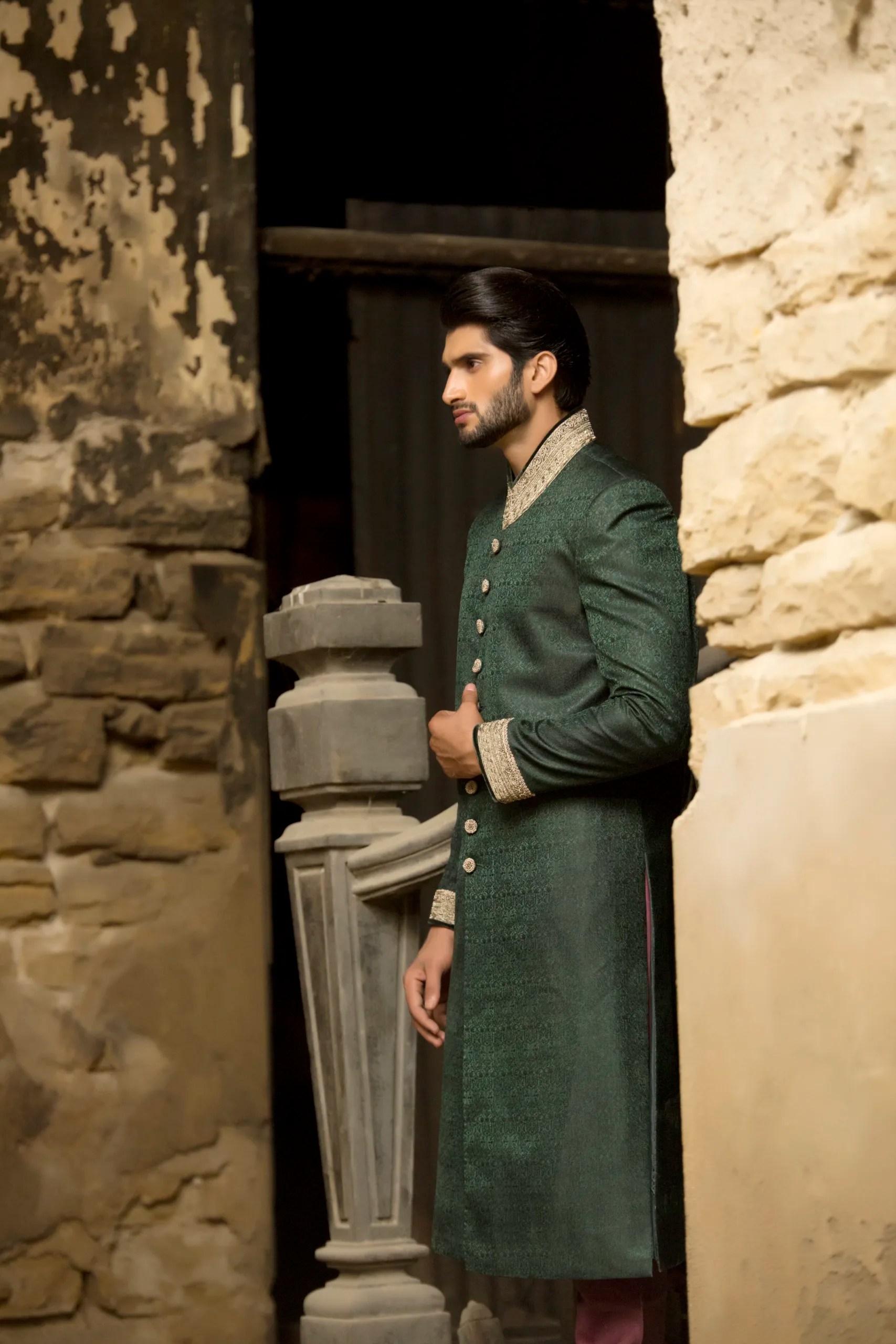 Deep Green Embroidered Jacquard Sherwani (2-Piece) - Image 1