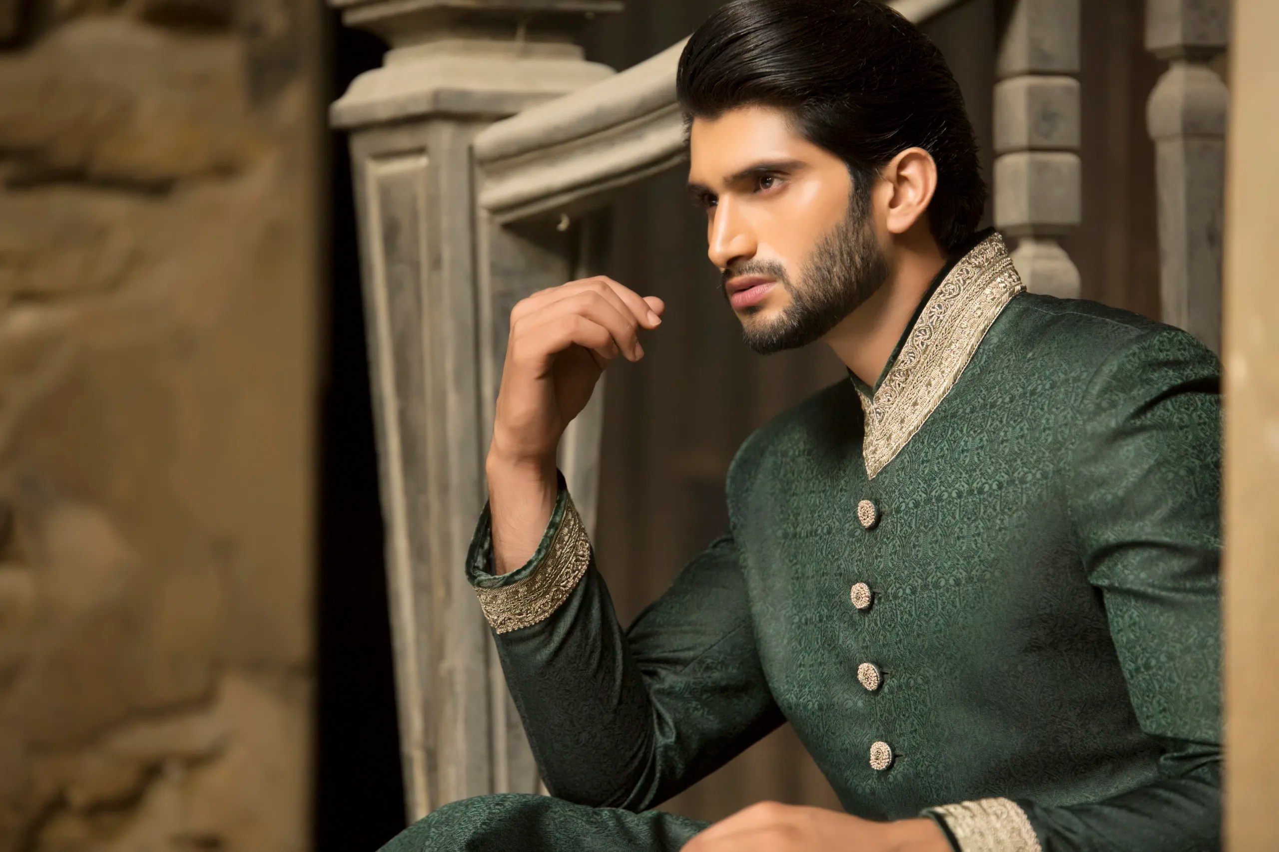 Deep Green Embroidered Jacquard Sherwani (2-Piece) - Image 2