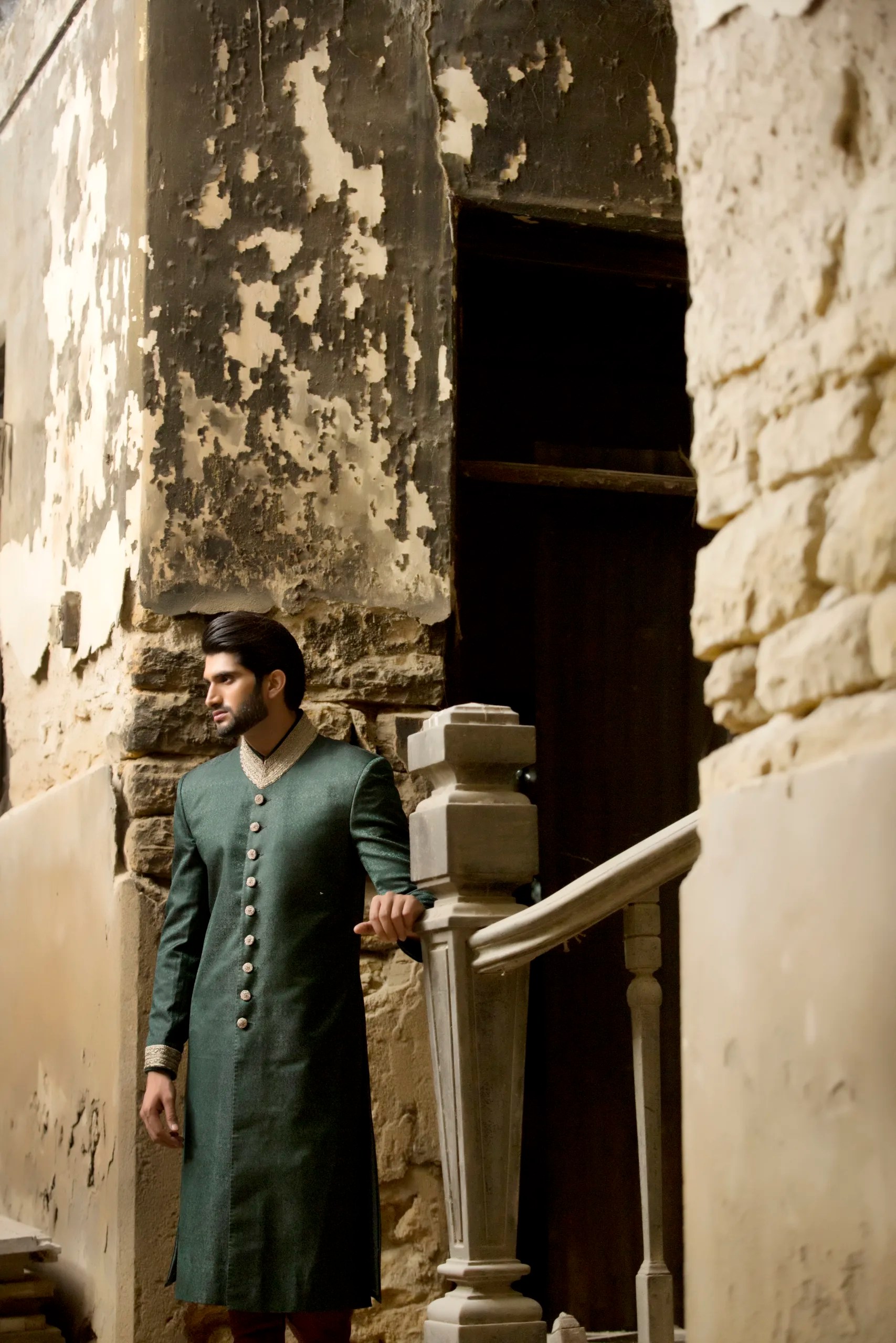 Deep Green Embroidered Jacquard Sherwani (2-Piece) - Image 3