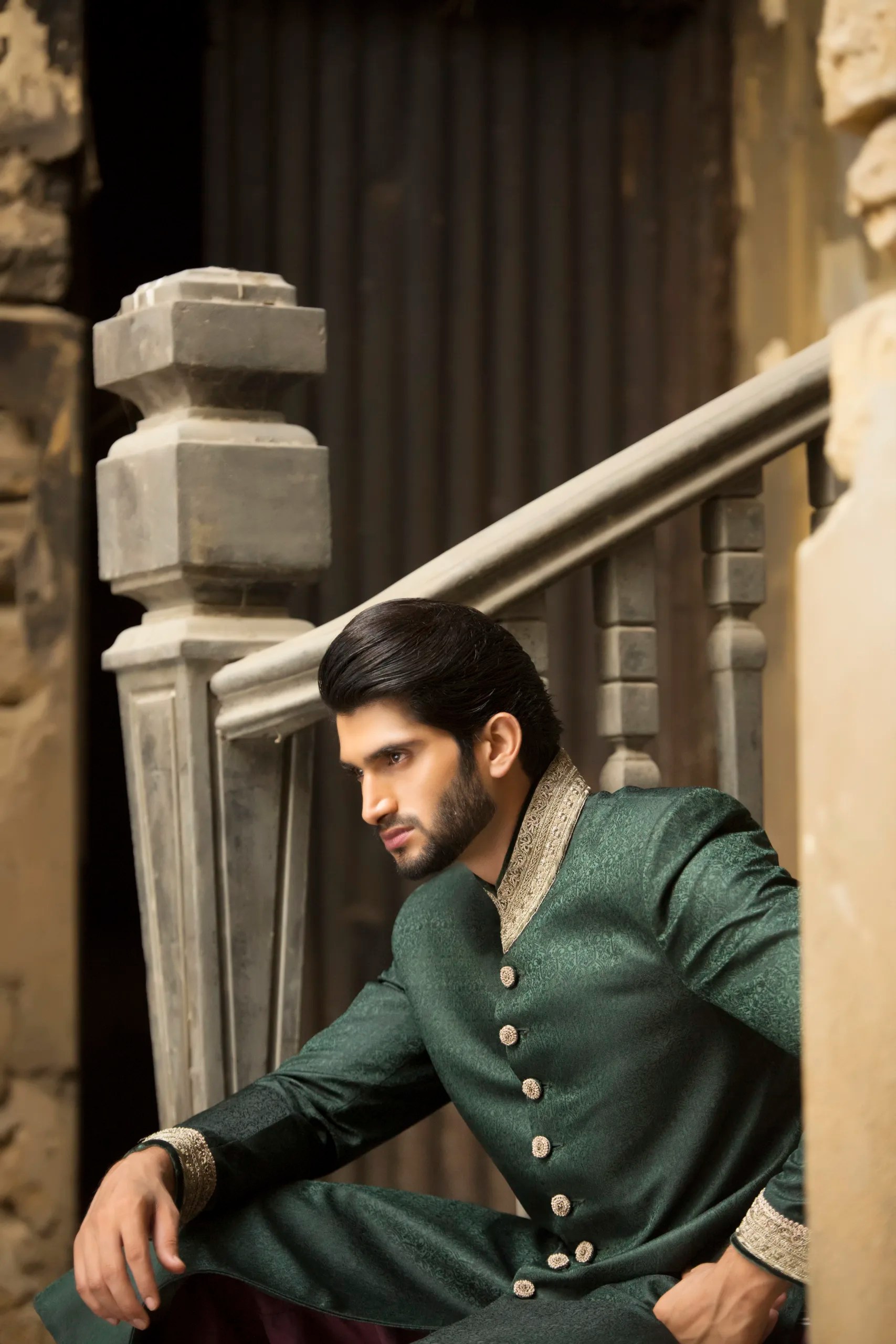 Deep Green Embroidered Jacquard Sherwani (2-Piece) - Image 4