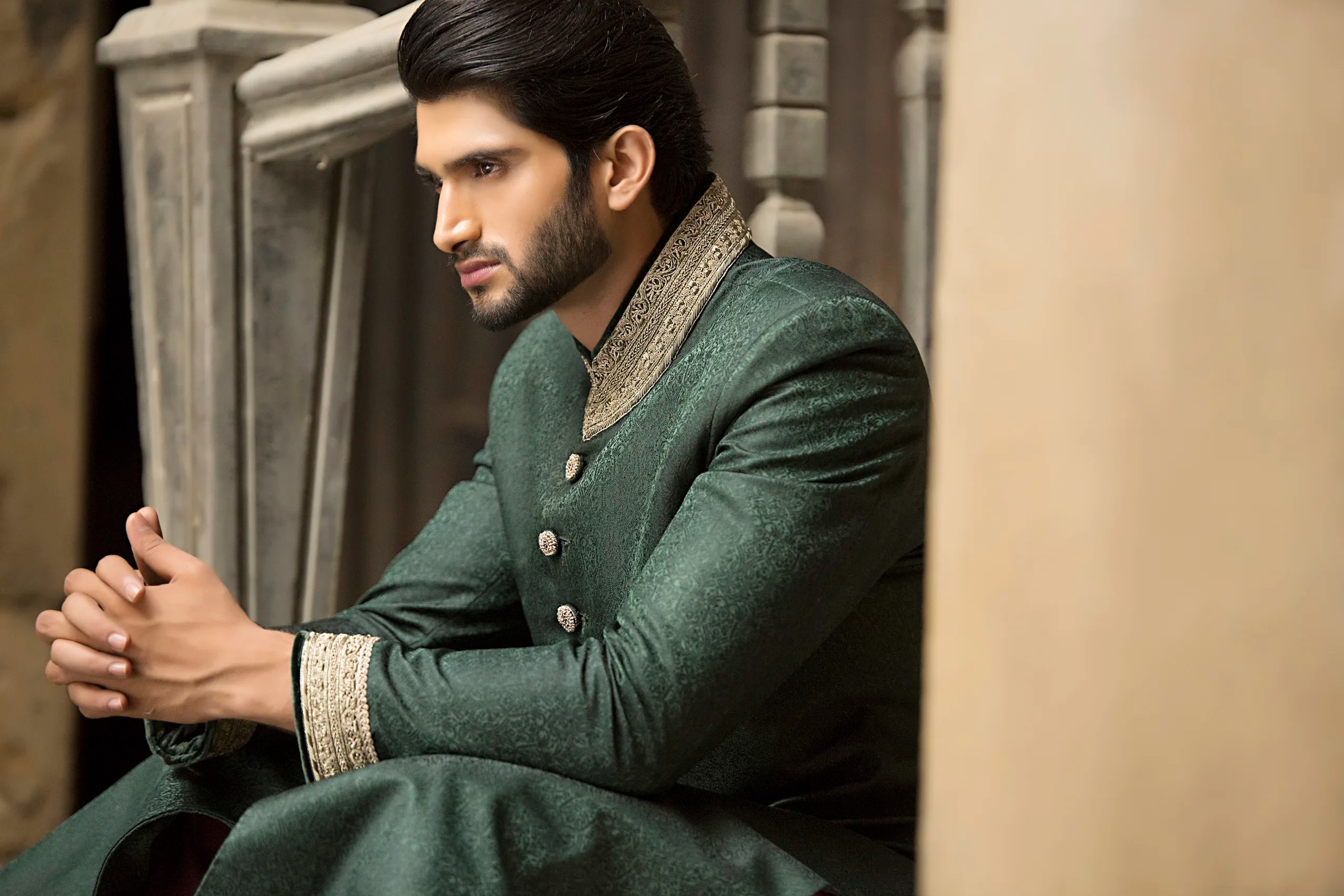 Deep Green Embroidered Jacquard Sherwani (2-Piece) - Image 5