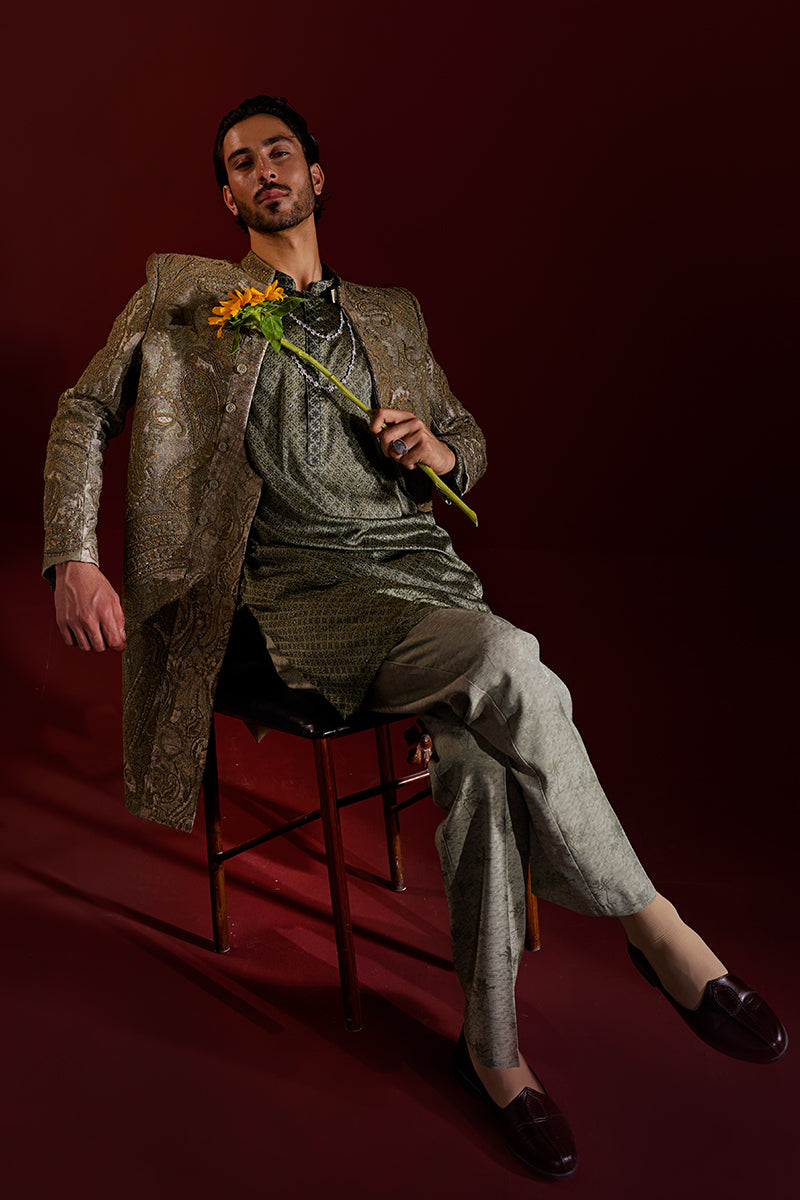 Sage Green Kashmiri Embroidered Jacquard Sherwani (2-Piece) - Image 1