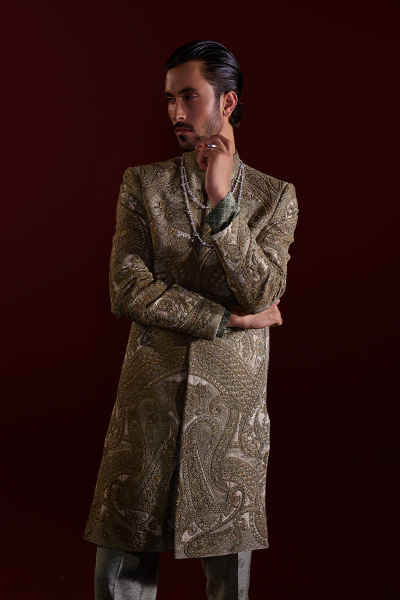 Sage Green Kashmiri Embroidered Jacquard Sherwani (2-Piece) - Image 2