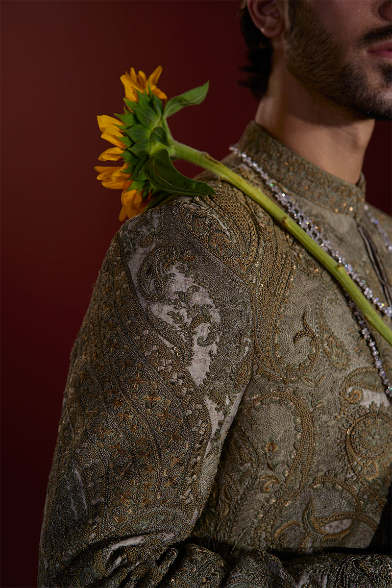 Sage Green Kashmiri Embroidered Jacquard Sherwani (2-Piece) - Image 3