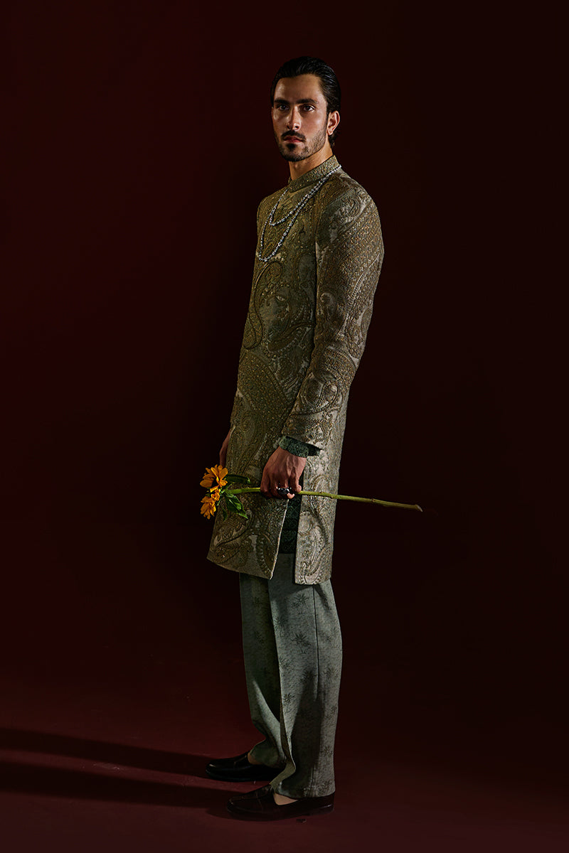Sage Green Kashmiri Embroidered Jacquard Sherwani (2-Piece) - Image 4