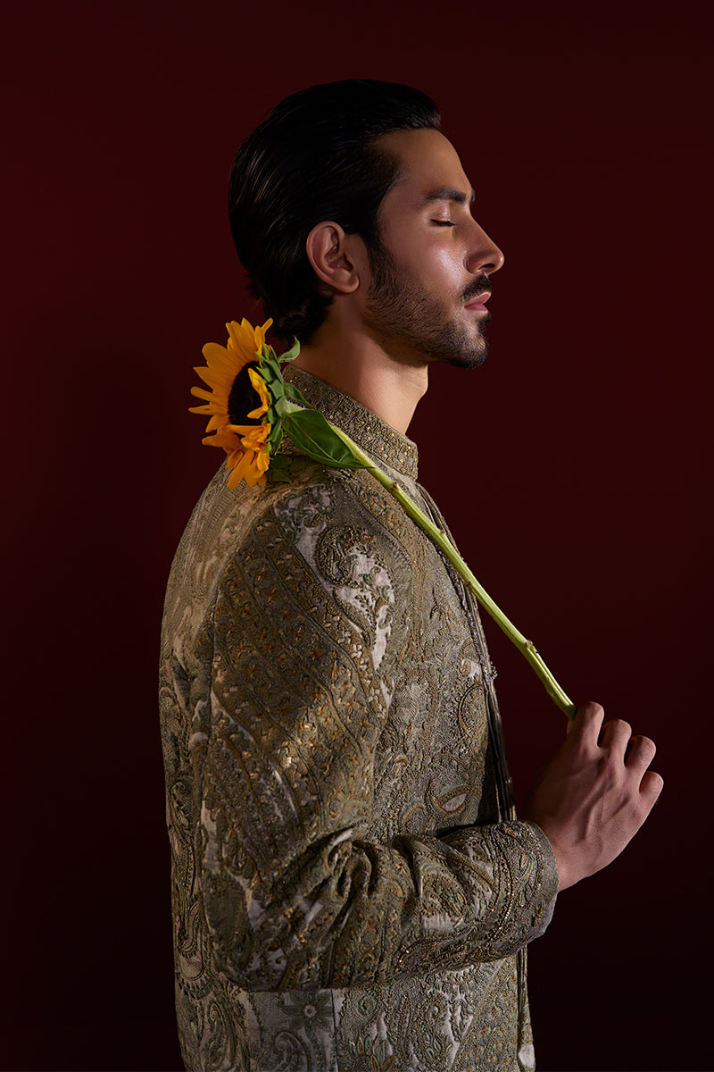 Sage Green Kashmiri Embroidered Jacquard Sherwani (2-Piece) - Image 5