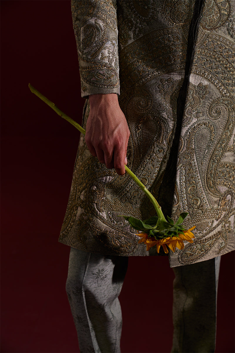 Sage Green Kashmiri Embroidered Jacquard Sherwani (2-Piece) - Image 6