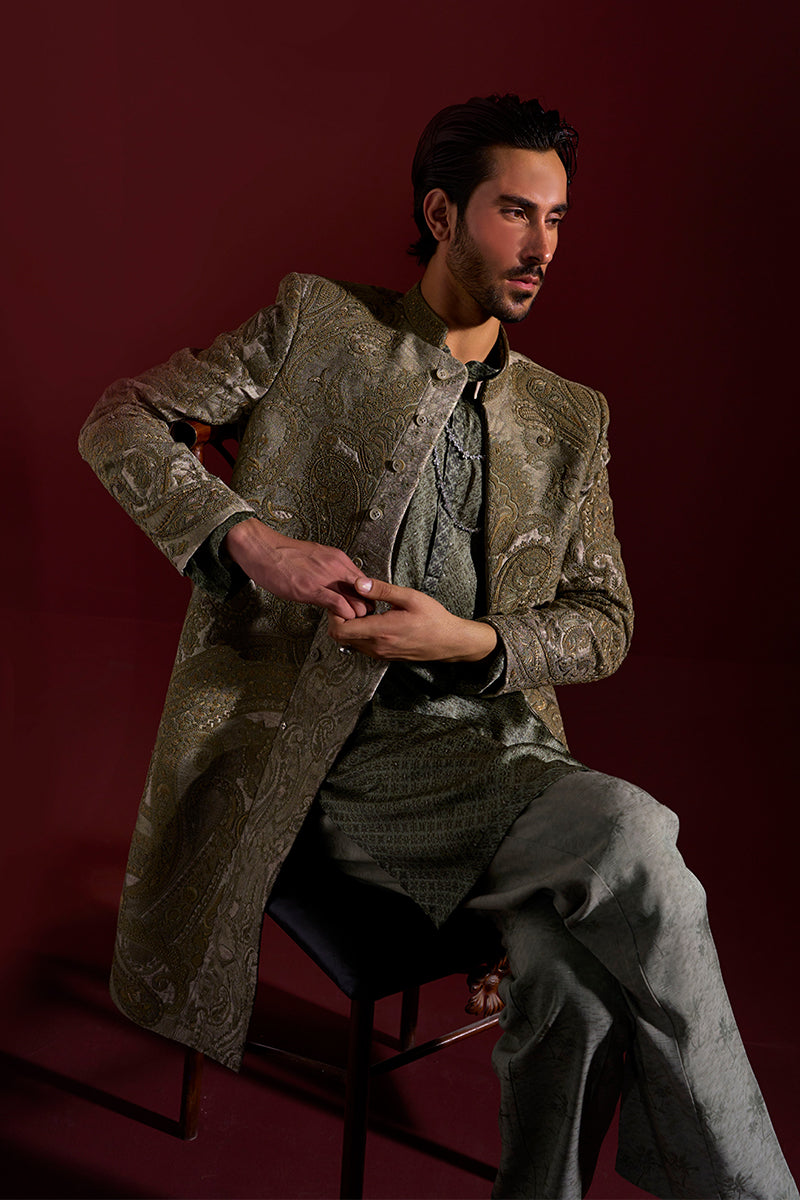 Sage Green Kashmiri Embroidered Jacquard Sherwani (2-Piece) - Image 7