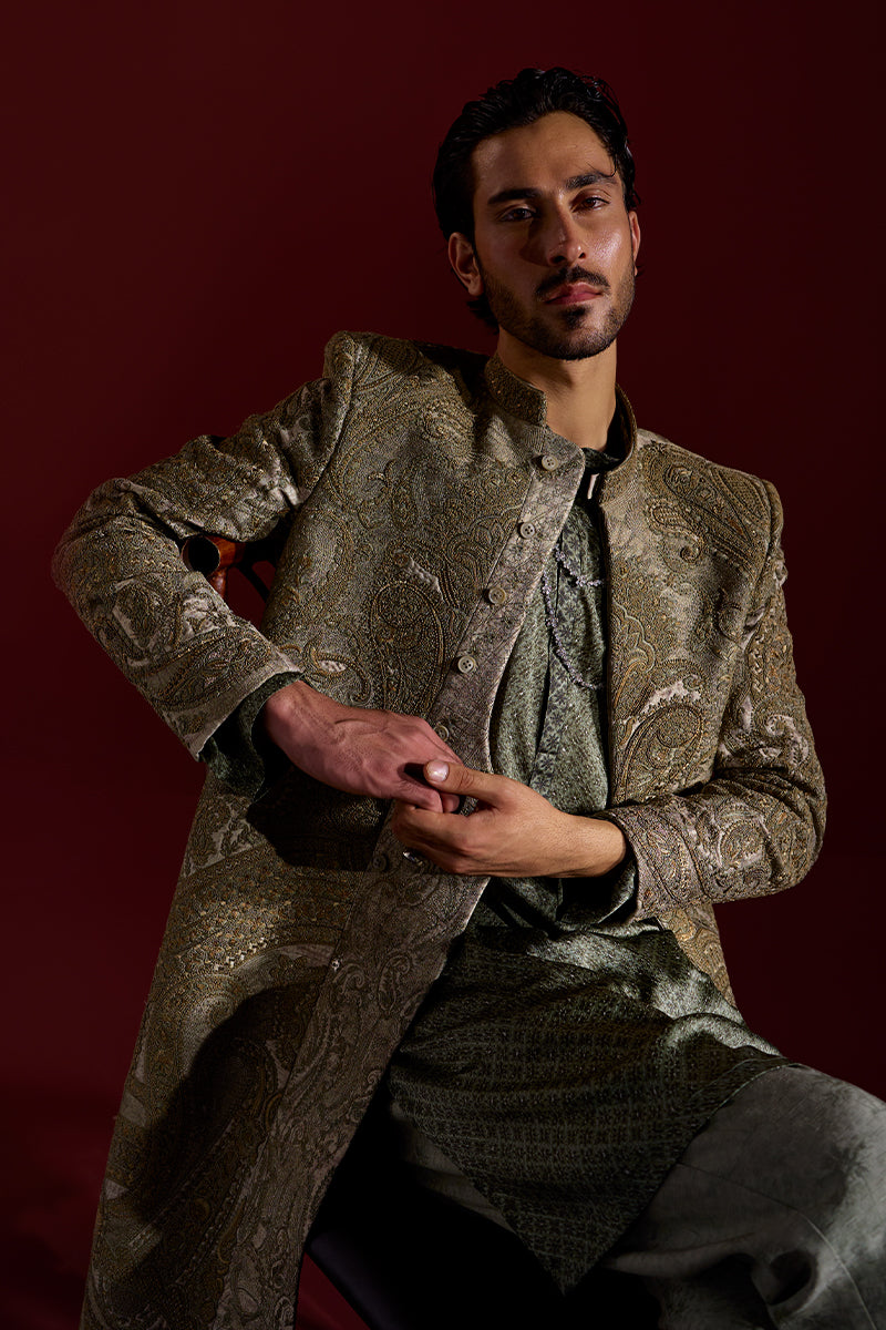 Sage Green Kashmiri Embroidered Jacquard Sherwani (2-Piece) - Image 8