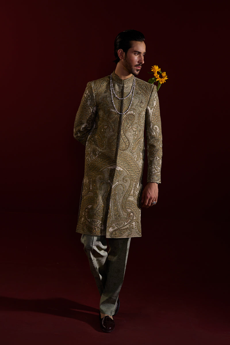 Sage Green Kashmiri Embroidered Jacquard Sherwani (2-Piece) - Image 9