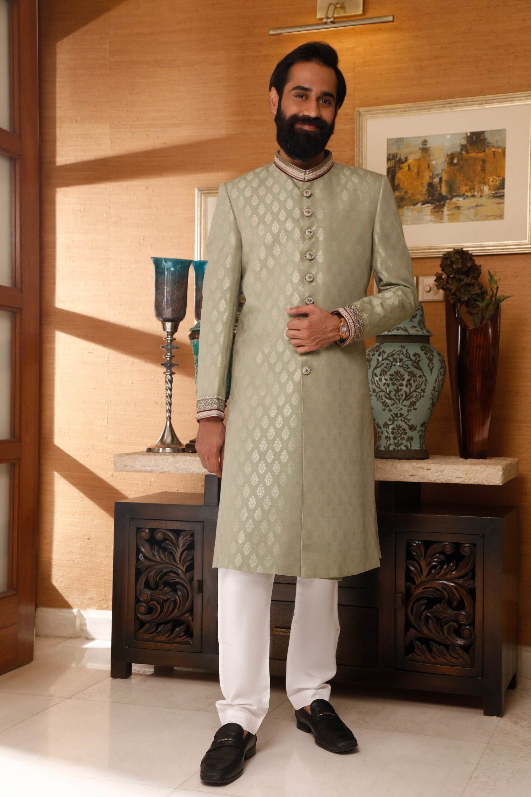 Fernwood Green Jacquard Sherwani (3-Piece) - Image 1