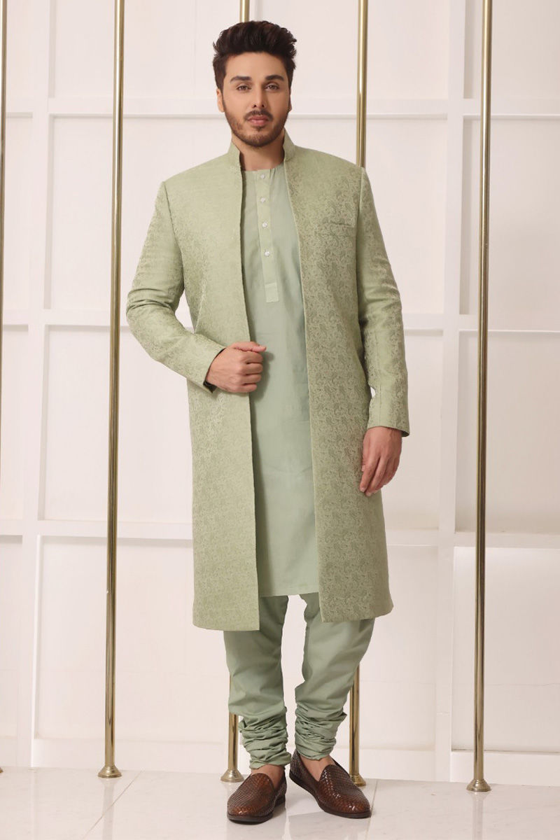 Mint Green Woven Jamawar Achkan Sherwani (3-Piece) - Image 1