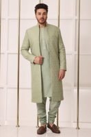 Mint Green Woven Jamawar Achkan Sherwani (3-Piece) - Image 2