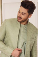 Mint Green Woven Jamawar Achkan Sherwani (3-Piece) - Image 3