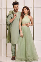 Mint Green Woven Jamawar Achkan Sherwani (3-Piece) - Image 4