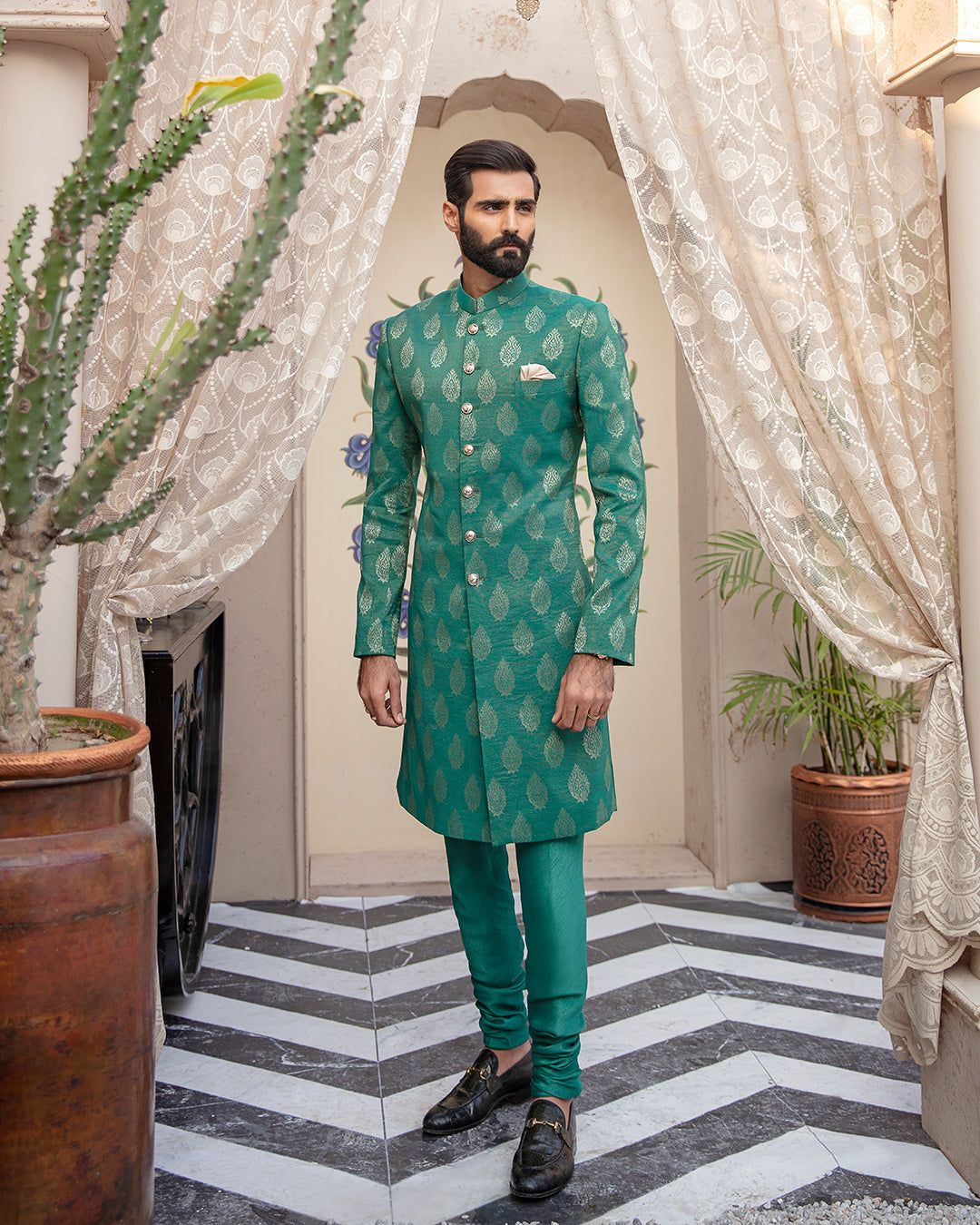 Sea Green Self-Embossed Jamawar Achkan Sherwani (2-Piece) - Image 1