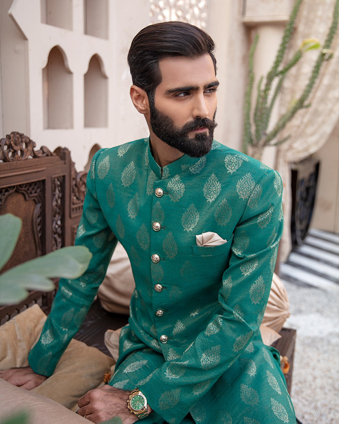 Sea Green Self-Embossed Jamawar Achkan Sherwani (2-Piece) - Image 2