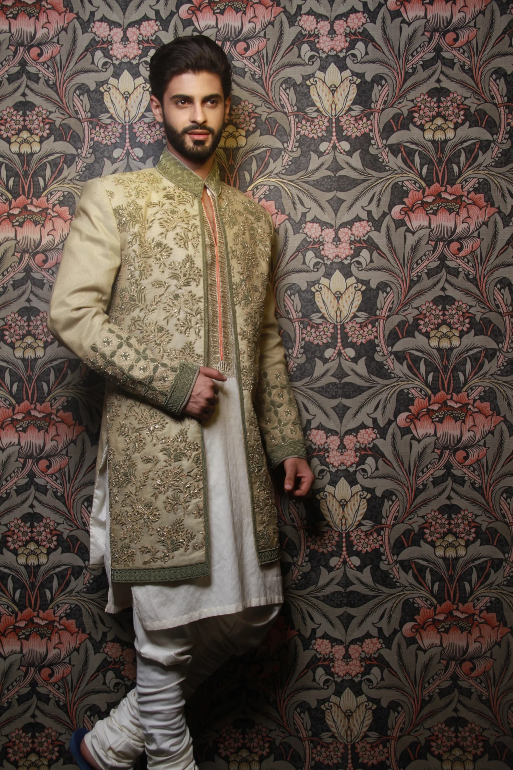 Ecru Green Zardozi Karandi Achkan Sherwani (2-Piece) - Image 1