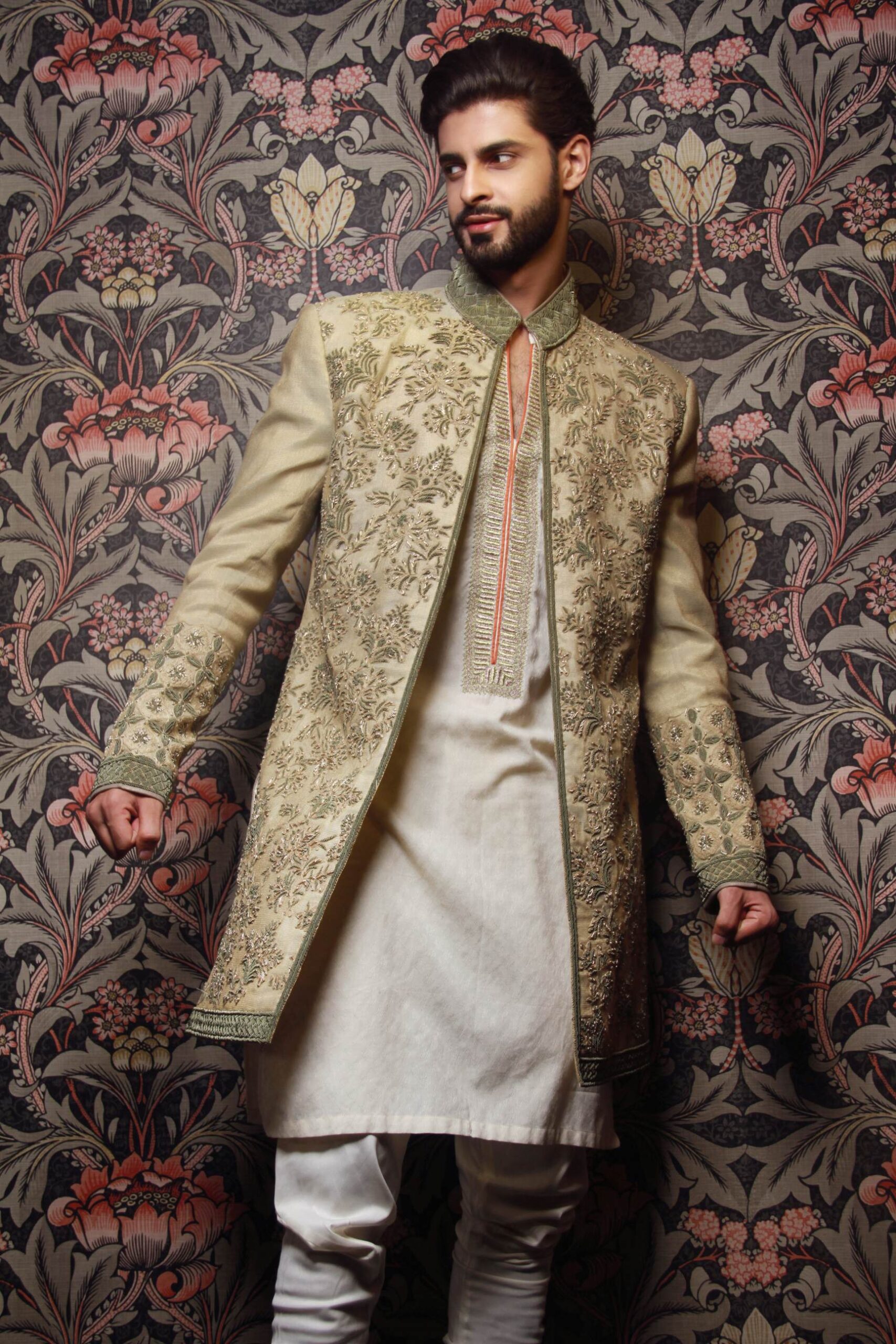 Ecru Green Zardozi Karandi Achkan Sherwani (2-Piece) - Image 2