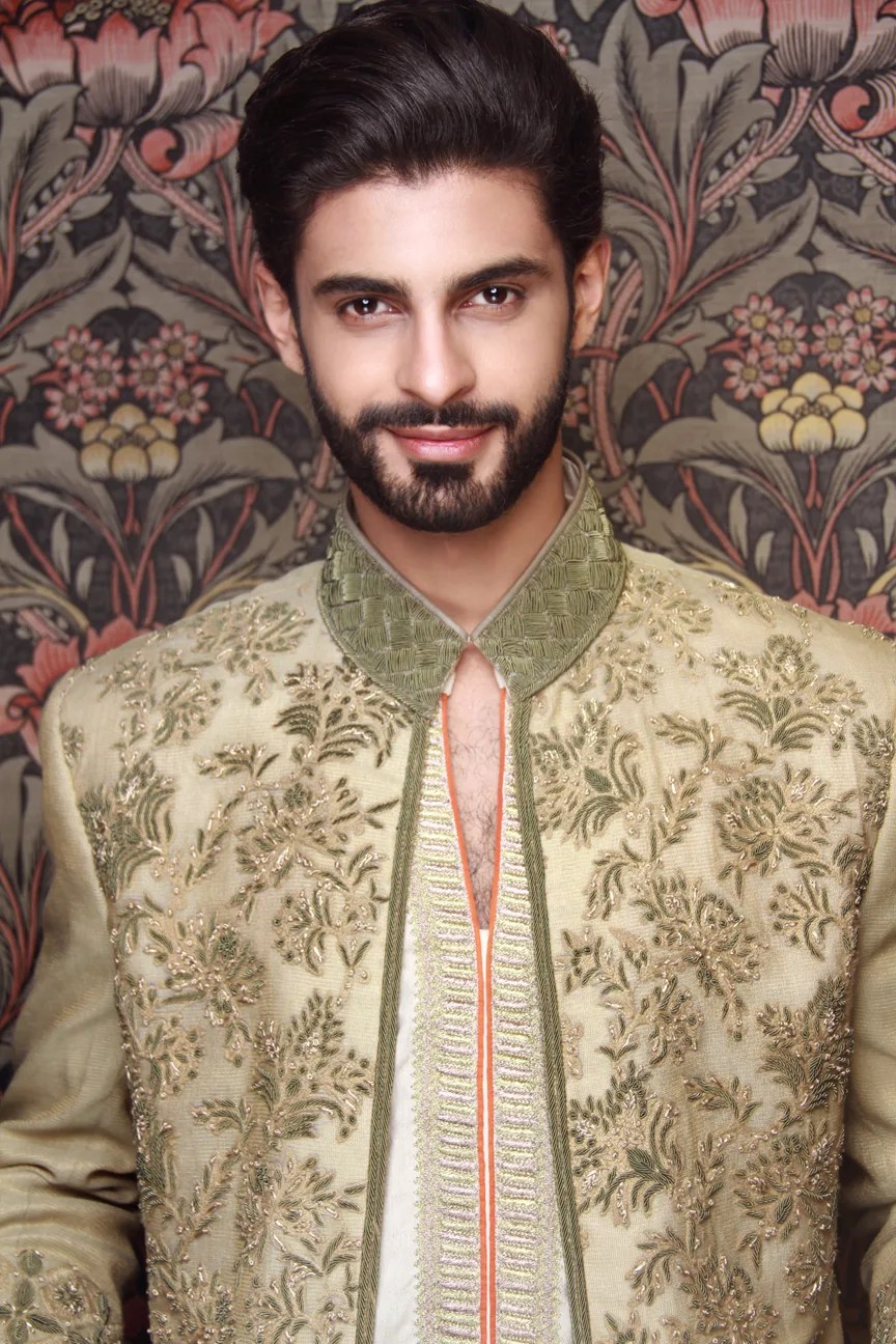 Ecru Green Zardozi Karandi Achkan Sherwani (2-Piece) - Image 3