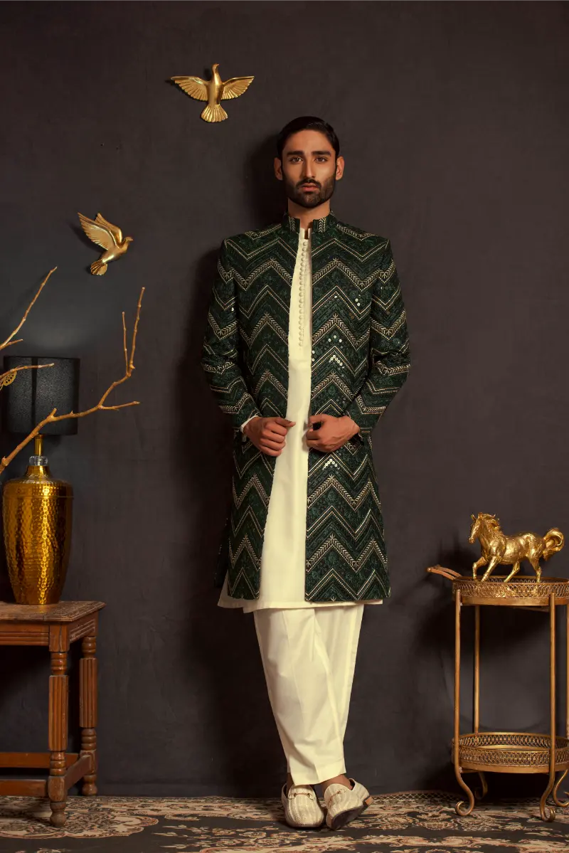Green Embroidered Masoori Sherwani (3-Piece) - Image 1