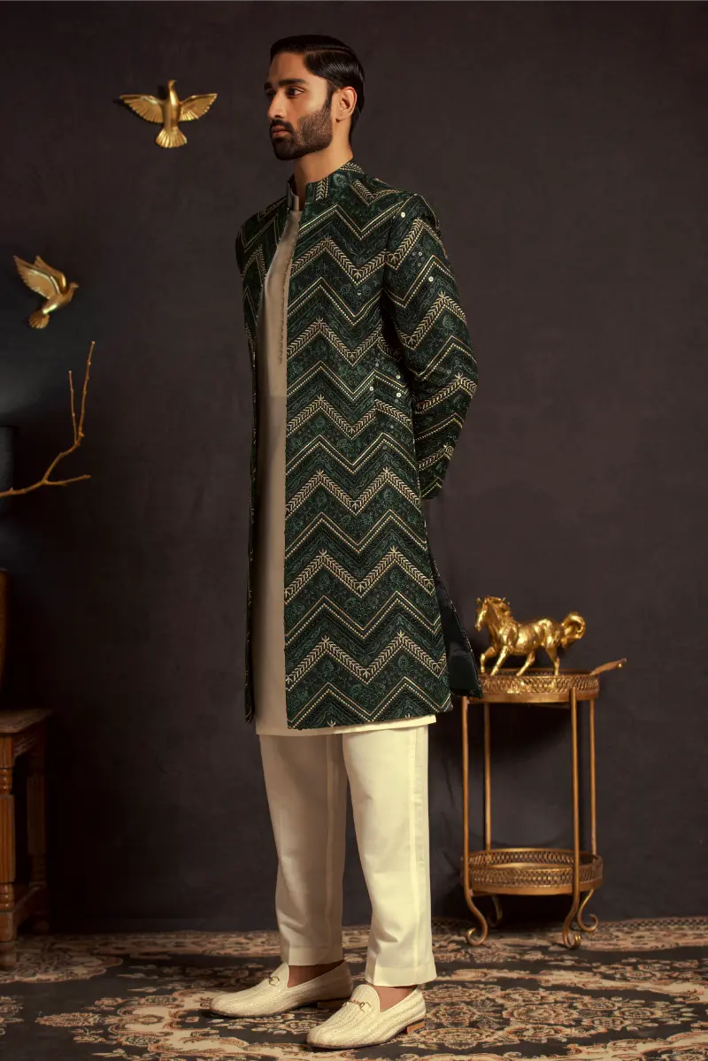 Green Embroidered Masoori Sherwani (3-Piece) - Image 3