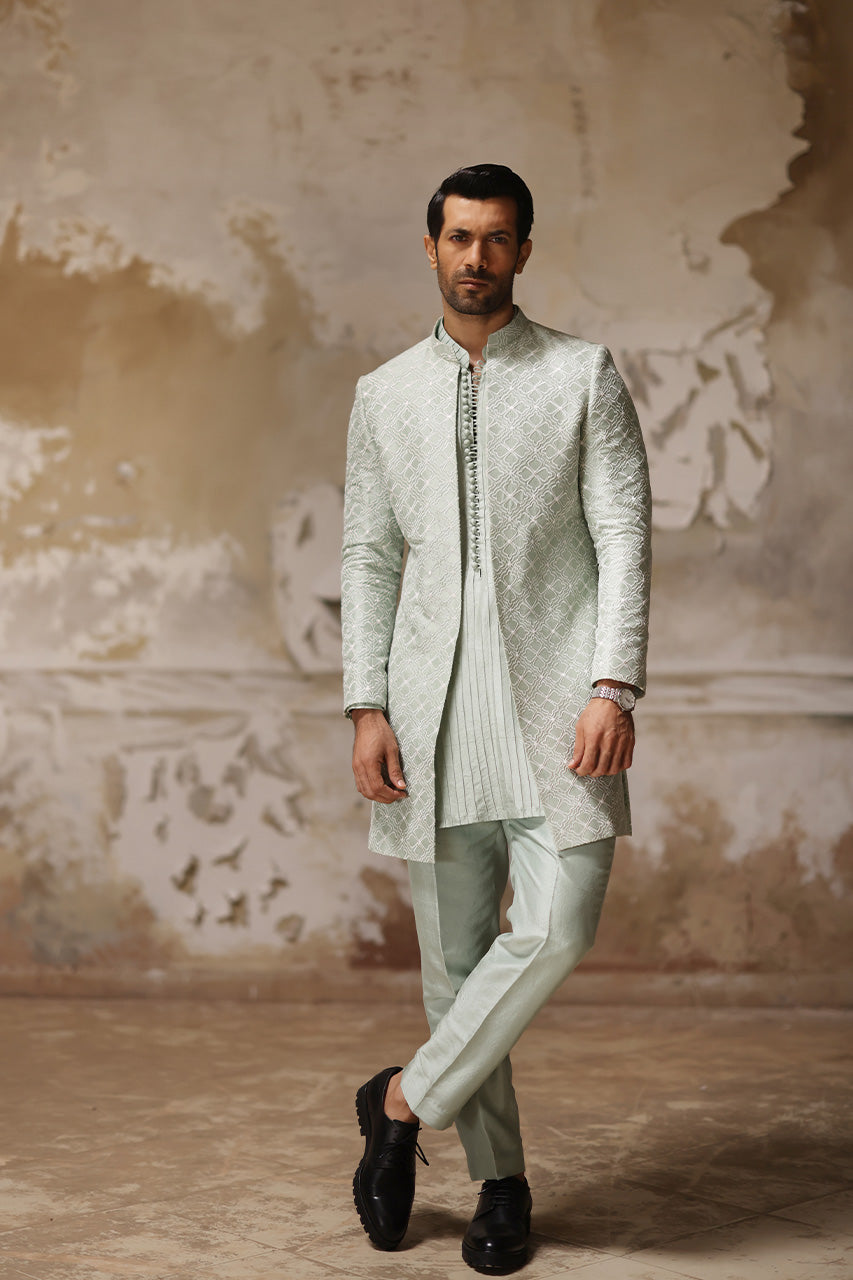 Mint Embroidered Raw Silk Achkan Sherwani (3-Piece) - Image 1