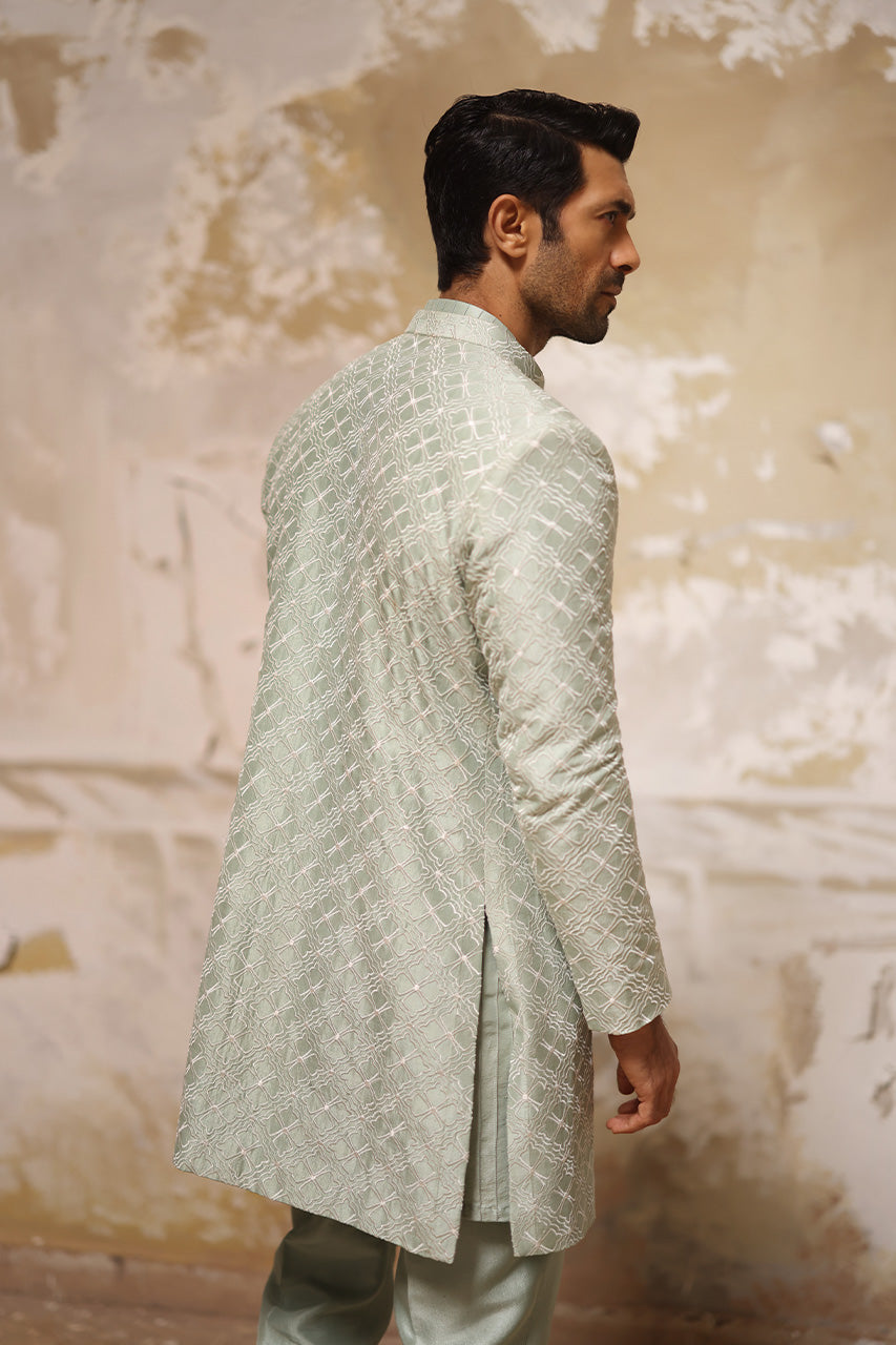 Mint Embroidered Raw Silk Achkan Sherwani (3-Piece) - Image 2