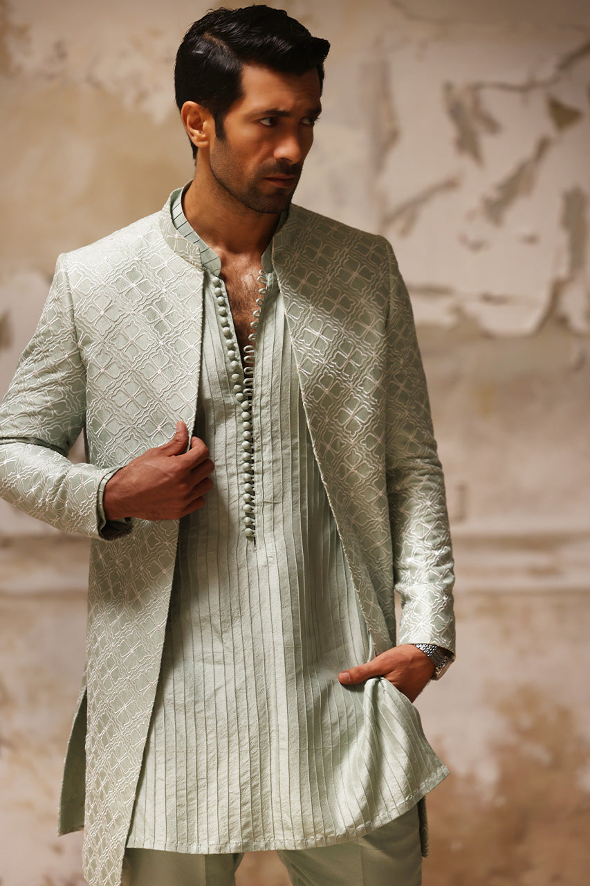 Mint Embroidered Raw Silk Achkan Sherwani (3-Piece) - Image 3