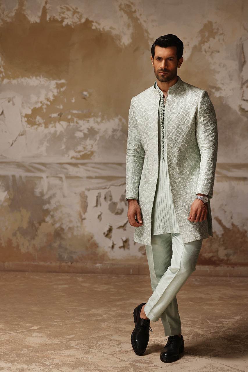 Mint Embroidered Raw Silk Achkan Sherwani (3-Piece) - Image 4