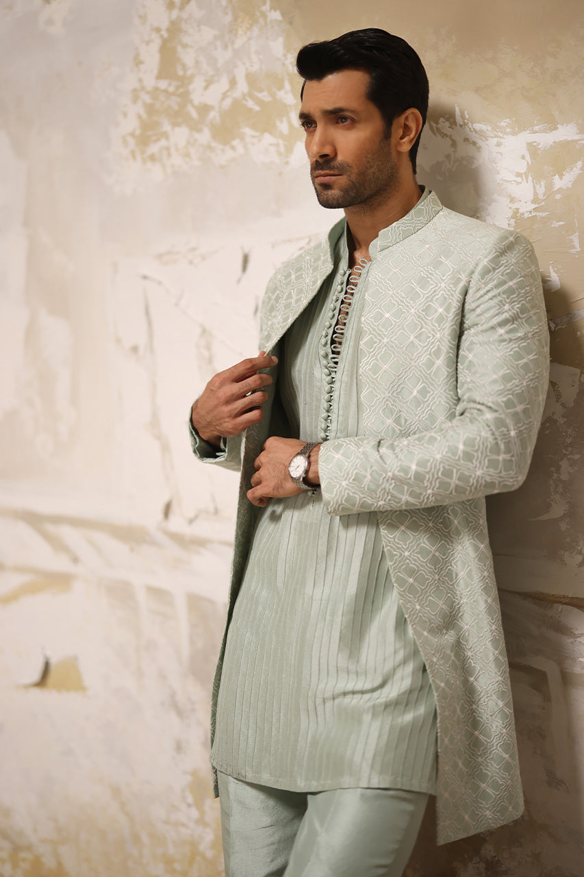 Mint Embroidered Raw Silk Achkan Sherwani (3-Piece) - Image 5