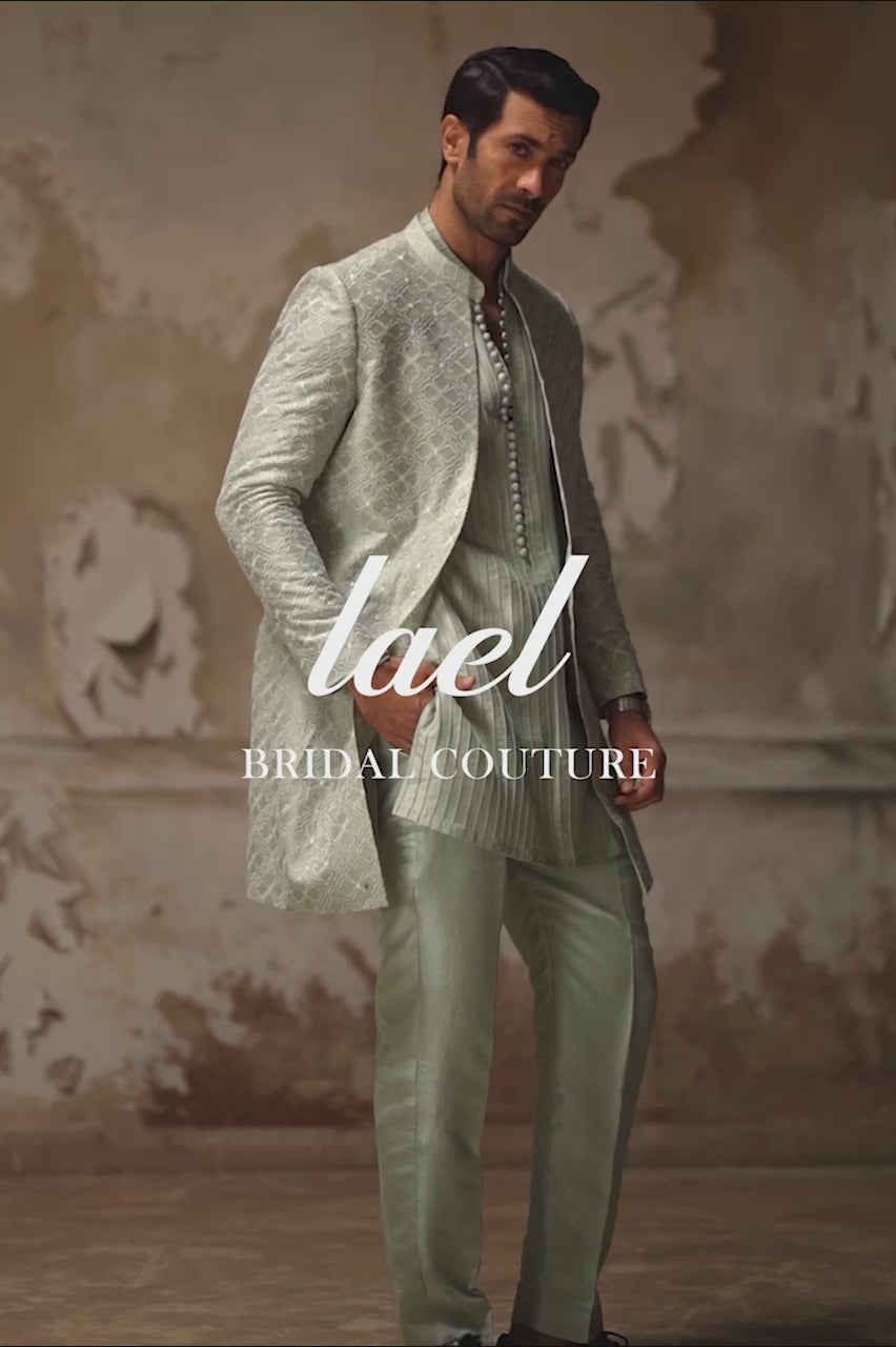 Mint Embroidered Raw Silk Achkan Sherwani (3-Piece) - Image 7