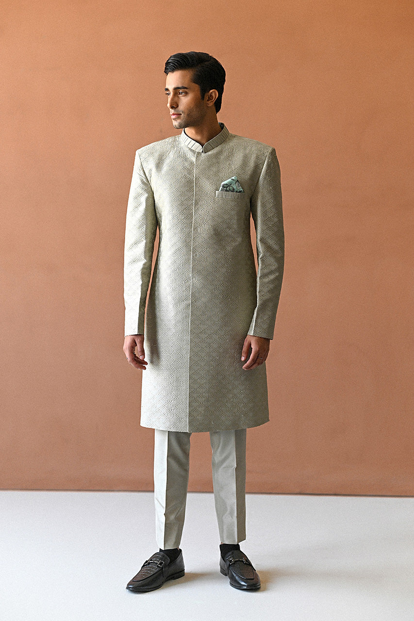 Tea Green Embroidered Raw Silk Achkan Sherwani (2-Piece) - Image 1