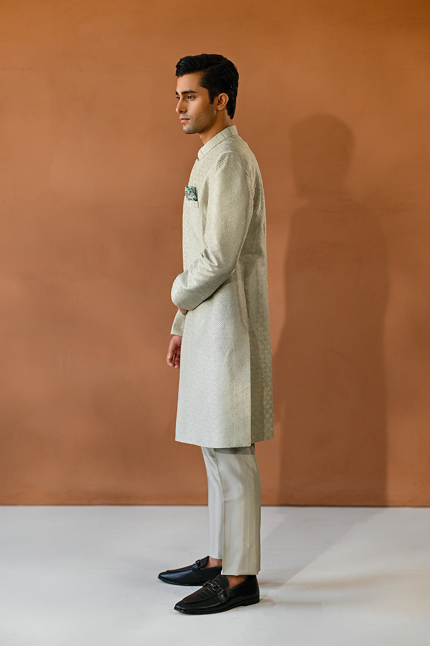 Tea Green Embroidered Raw Silk Achkan Sherwani (2-Piece) - Image 2