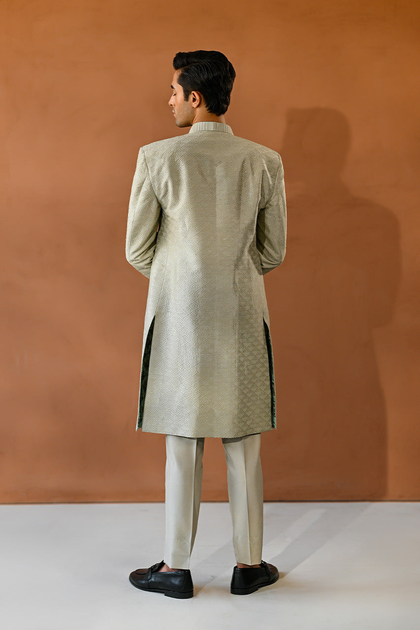 Tea Green Embroidered Raw Silk Achkan Sherwani (2-Piece) - Image 3
