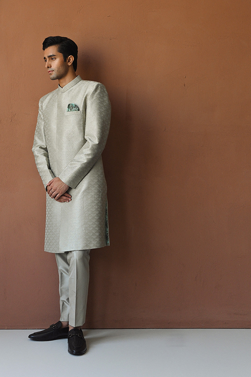 Tea Green Embroidered Raw Silk Achkan Sherwani (2-Piece) - Image 4