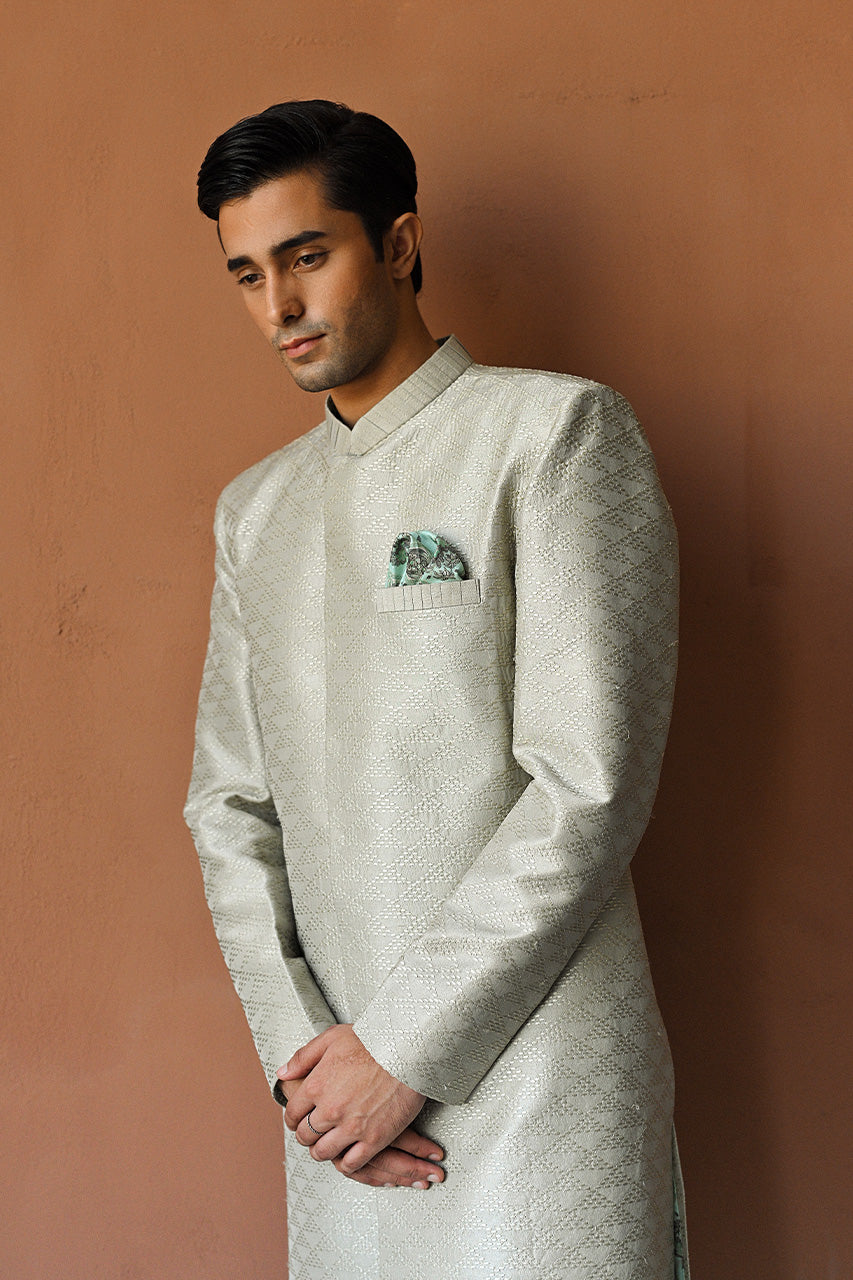 Tea Green Embroidered Raw Silk Achkan Sherwani (2-Piece) - Image 5