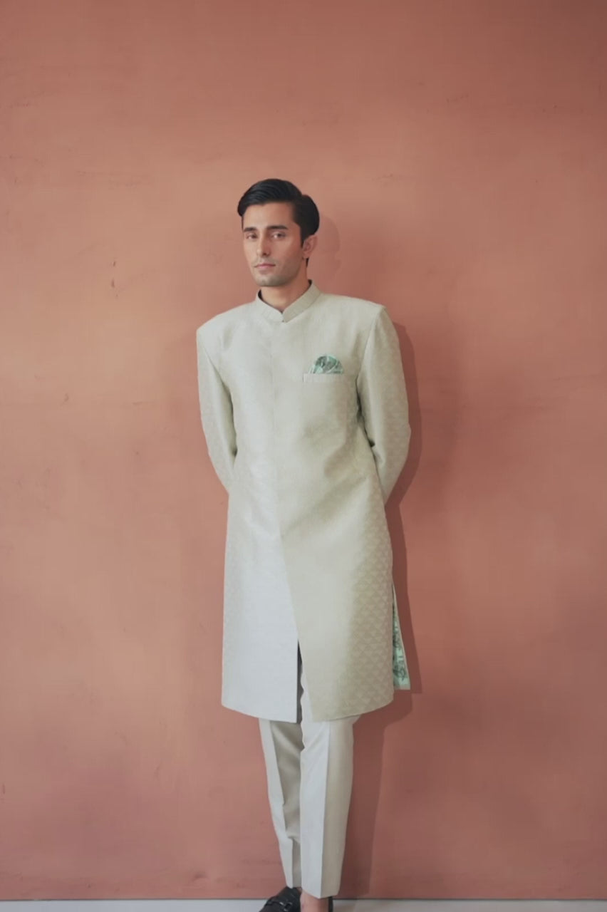 Tea Green Embroidered Raw Silk Achkan Sherwani (2-Piece) - Image 6