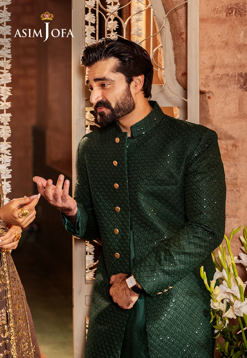 Bottle Green Embroidered Raw Silk Sherwani (3-Piece) - Image 1