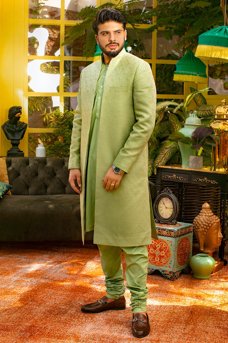 Mint Green Self-Weave Jamawar Achkan Sherwani (3-Piece) - Image 1