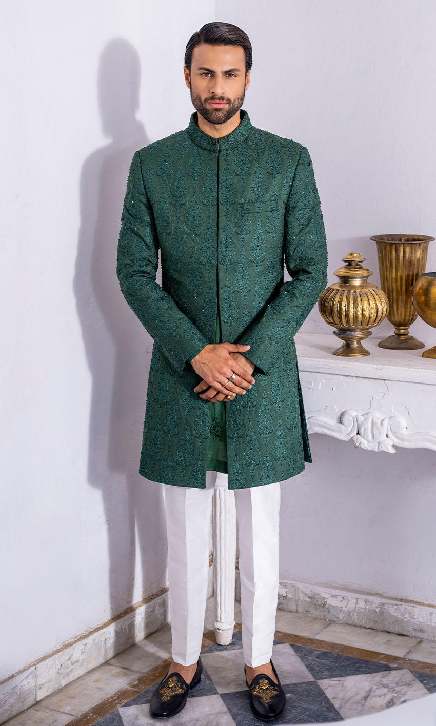 Emerald Dabka Embroidered Silk-Blend Achkan Sherwani (2-Piece) - Image 1