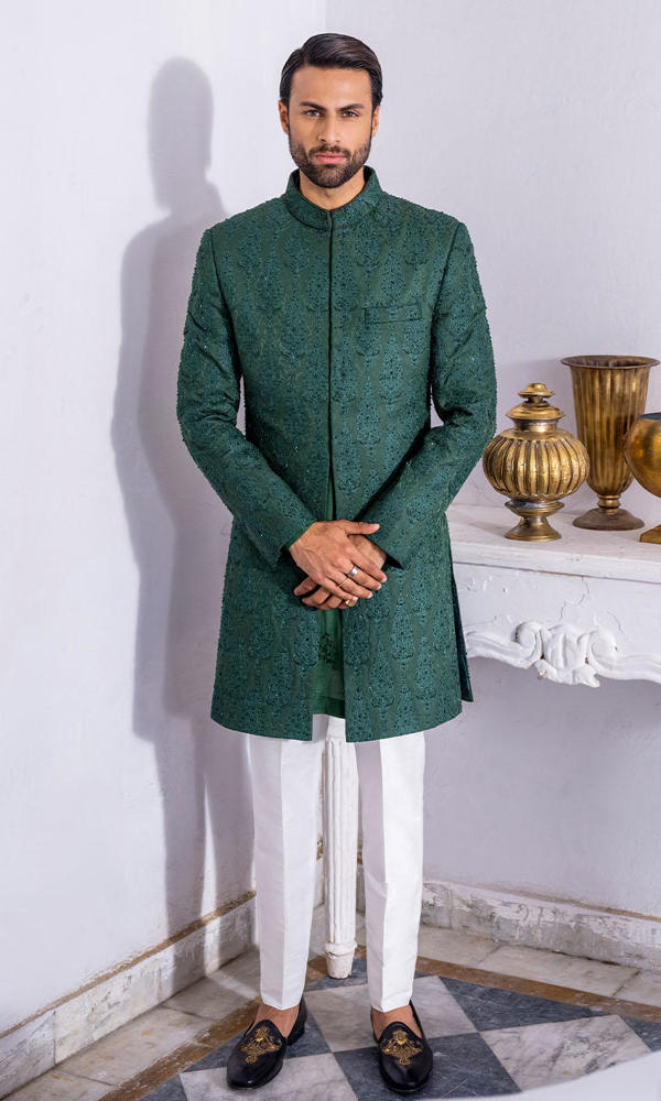 Emerald Dabka Embroidered Silk-Blend Achkan Sherwani (2-Piece) - Image 2