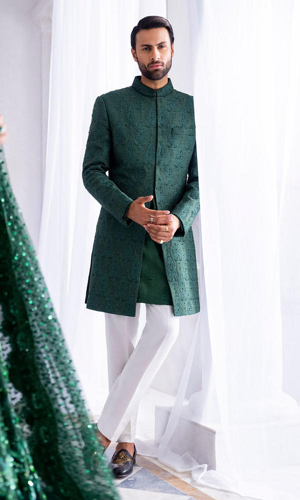 Emerald Dabka Embroidered Silk-Blend Achkan Sherwani (2-Piece) - Image 3