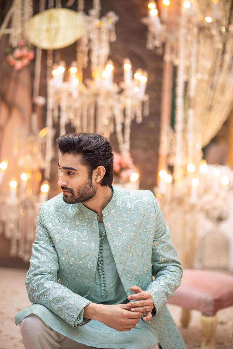 Sea Green Embroidered Silk-Blend Achkan Sherwani (3-Piece) - Image 1