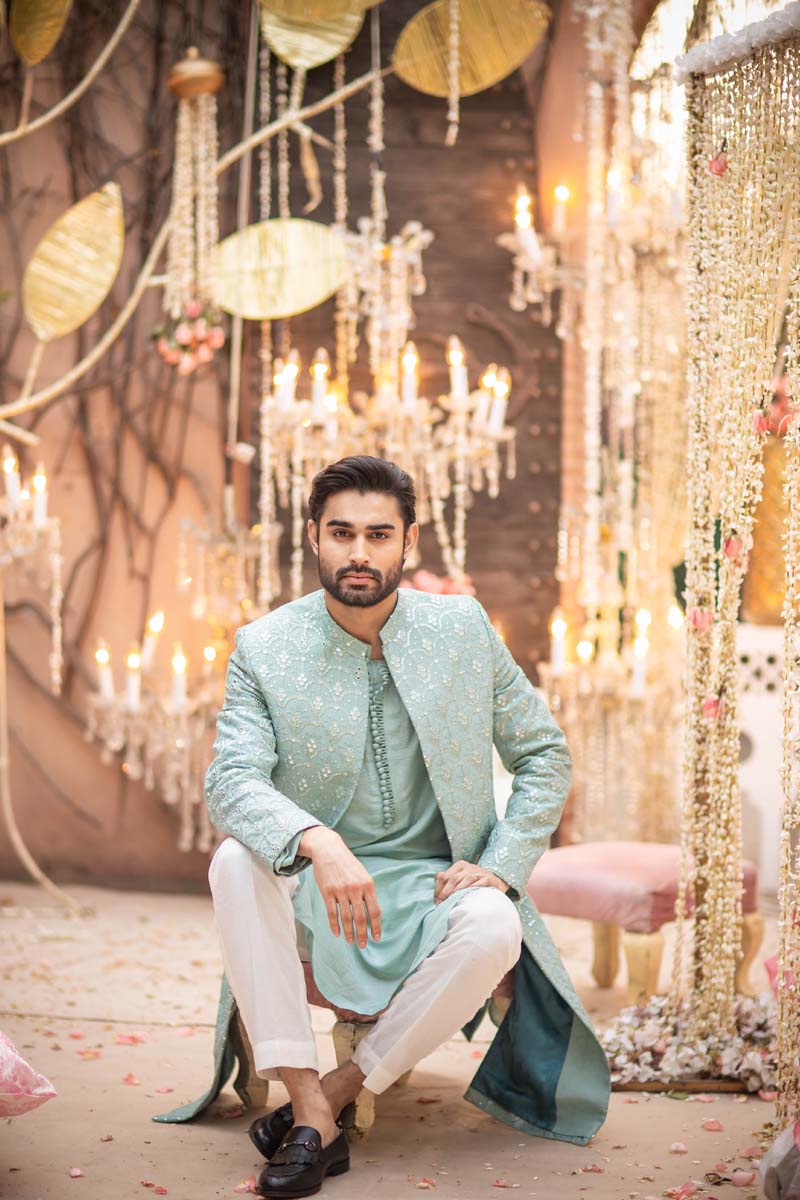 Sea Green Embroidered Silk-Blend Achkan Sherwani (3-Piece) - Image 3