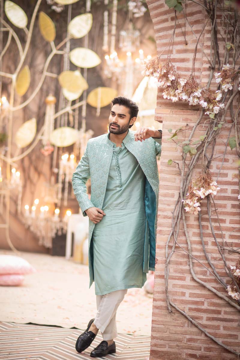 Sea Green Embroidered Silk-Blend Achkan Sherwani (3-Piece) - Image 4