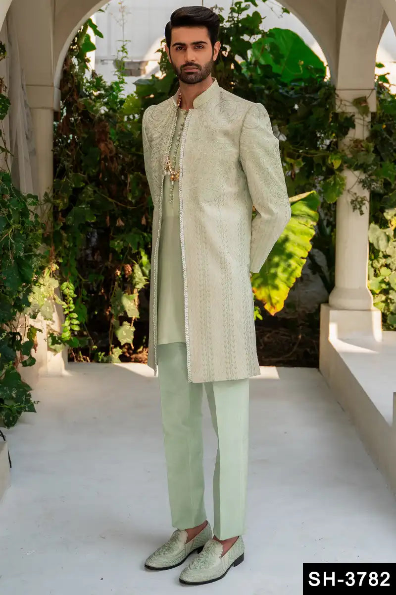Light Green Embroidered Silk-Blend Sherwani (3-Piece) - Image 1