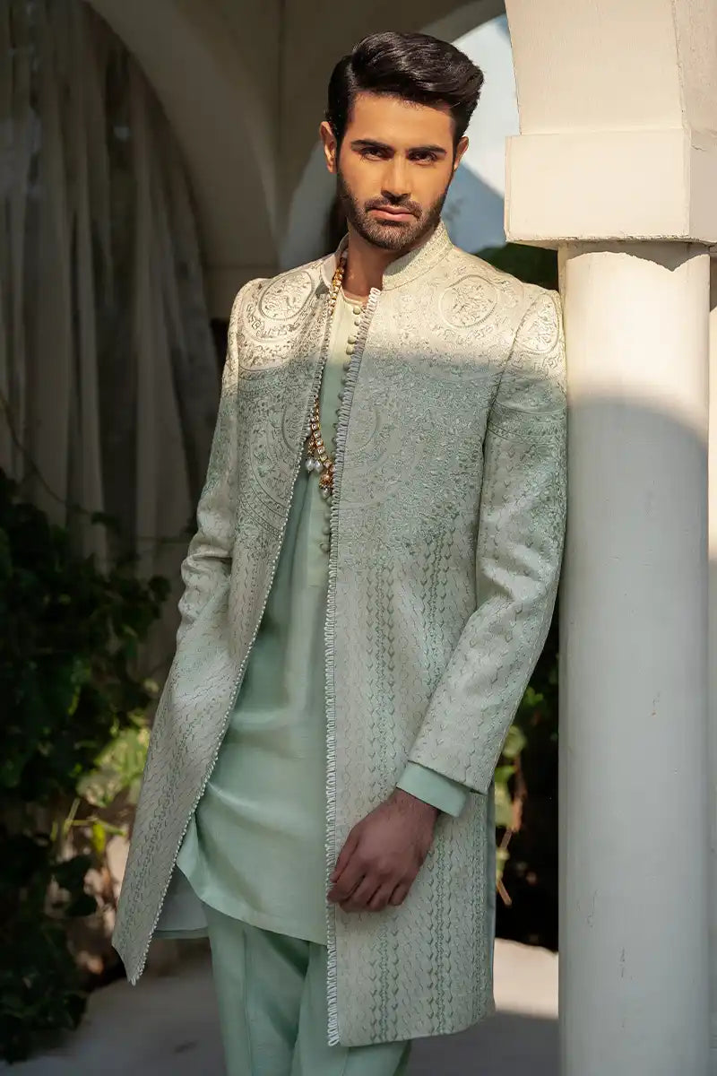 Light Green Embroidered Silk-Blend Sherwani (3-Piece) - Image 2