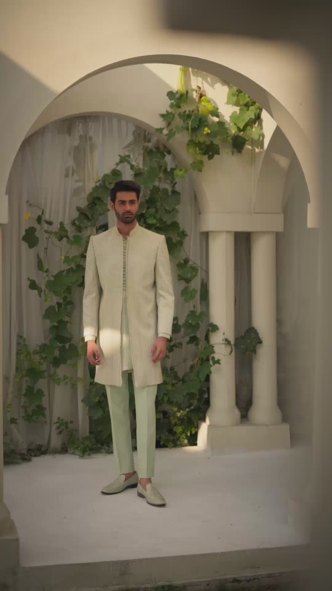 Light Green Embroidered Silk-Blend Sherwani (3-Piece) - Image 4